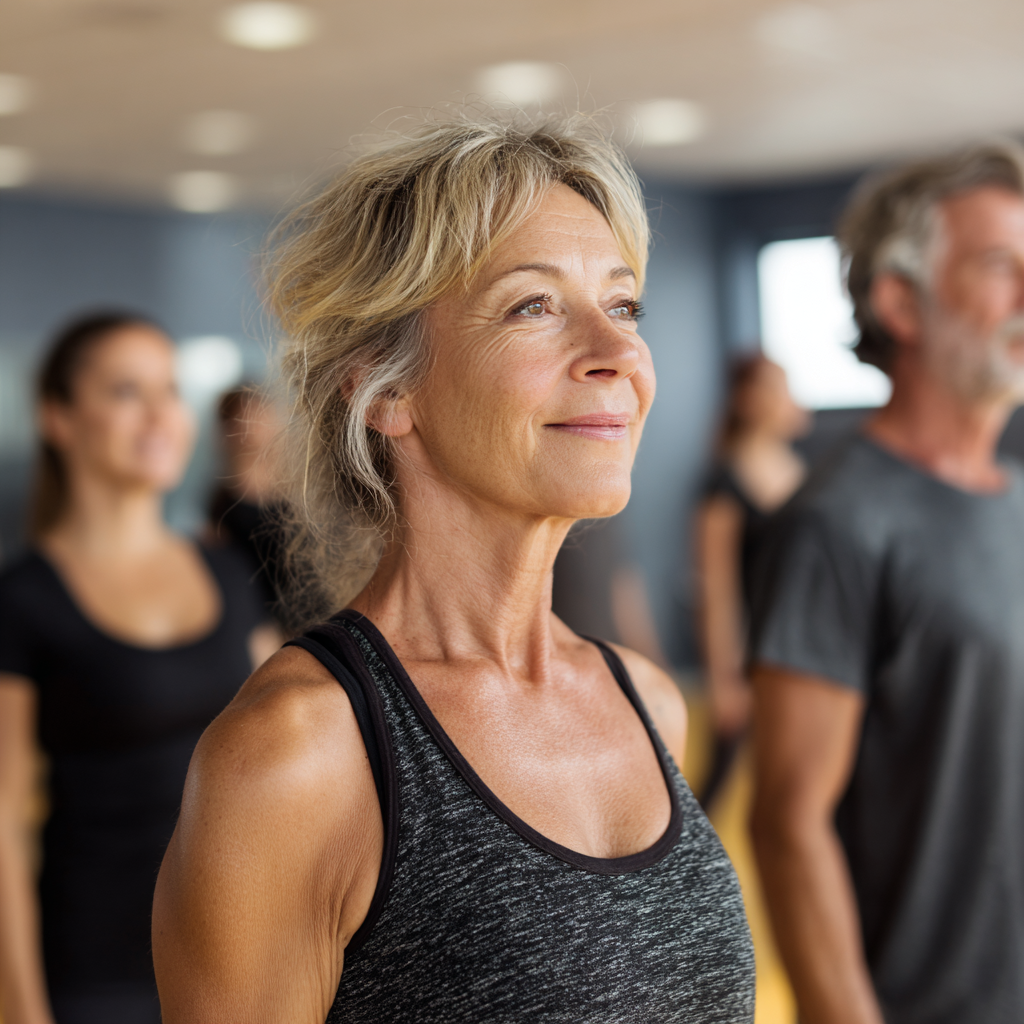 51 years old adults participating in group fitness class with professional instructor