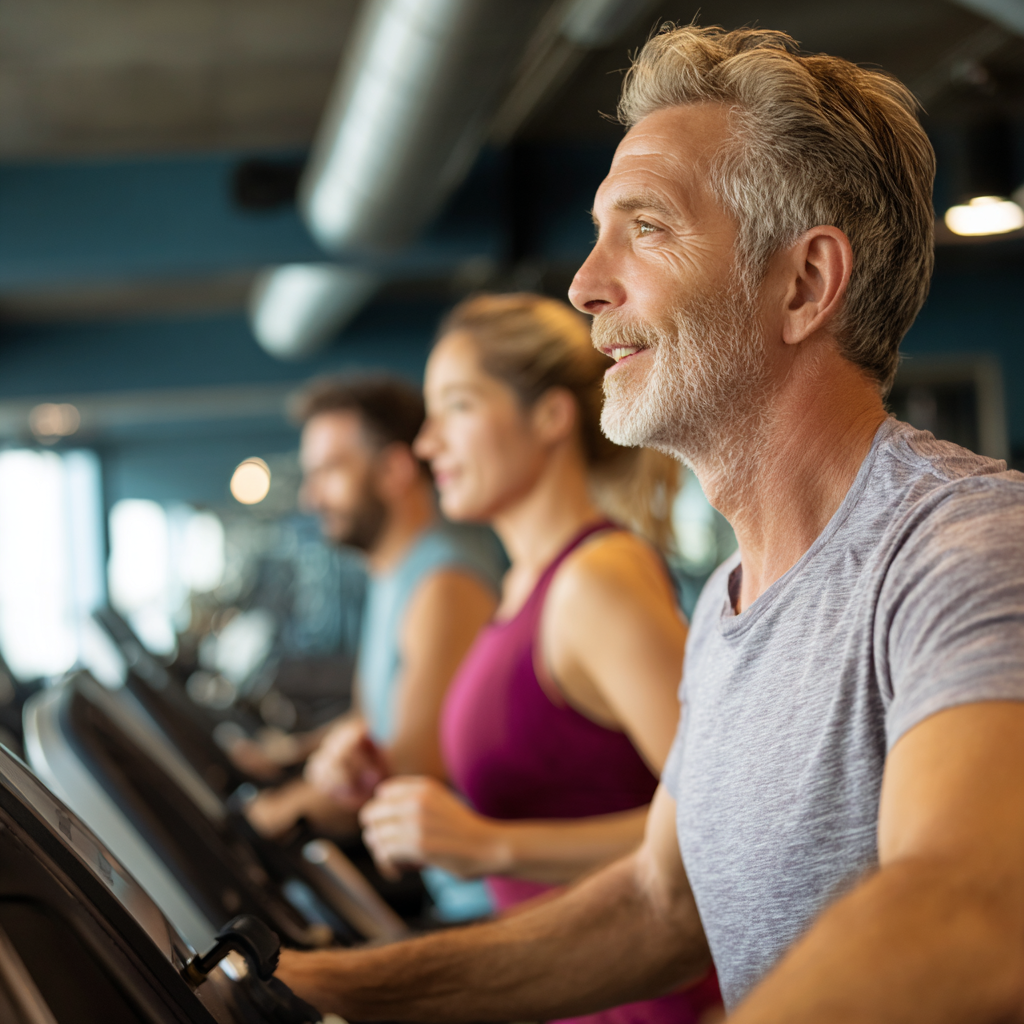 52 years old adults using cardio equipment in modern fitness facility